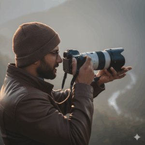 Anunay Sood, Indian travel influencer with camera, looking at distant mountains.